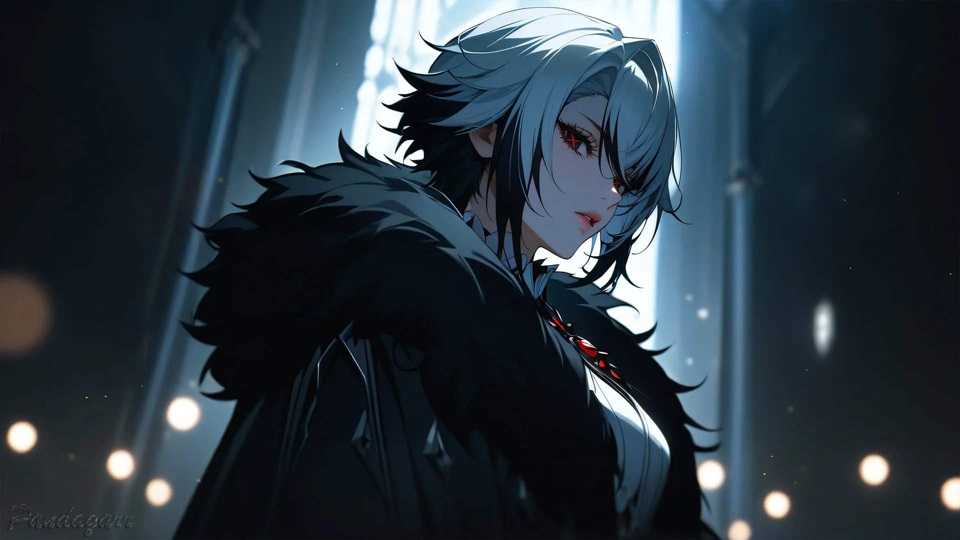 Illustration of a cloaked figure in a dim, quiet hall, lit by a single cold window.