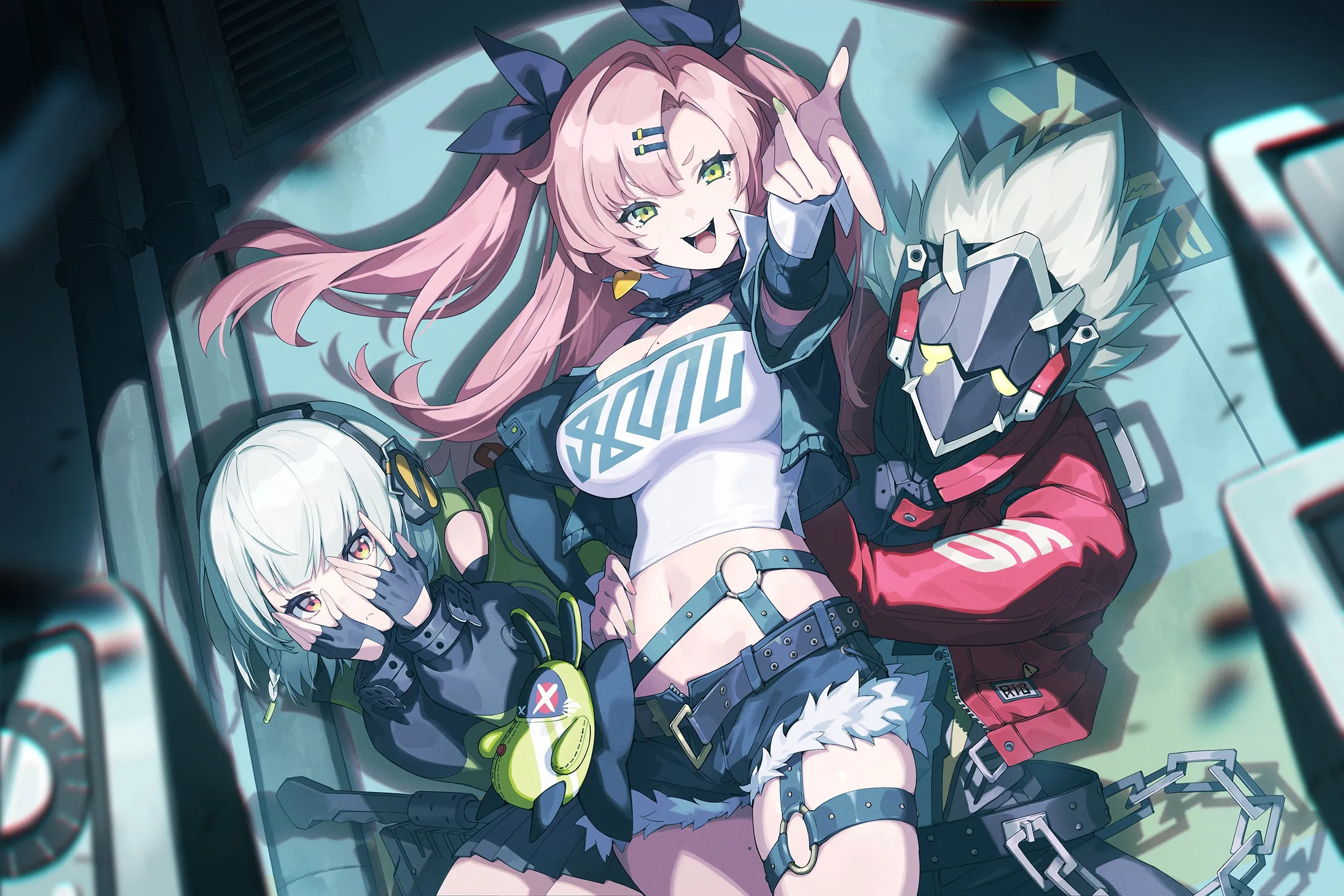 Illustration of three stylized characters posing in a teal corridor, one pointing directly at the viewer.