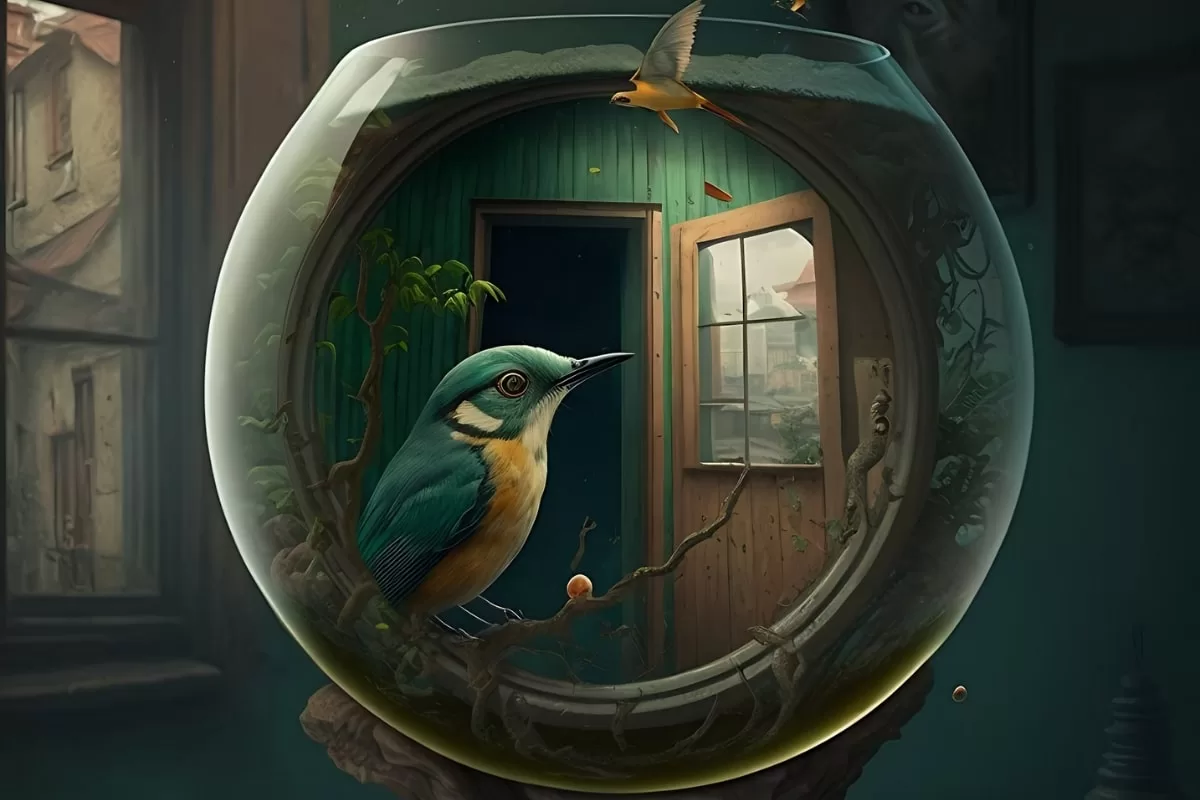 bird which looks to be in a fishbowl but isn't