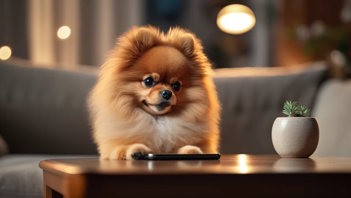 A fluffy Pomeranian dog looking at smartphone
