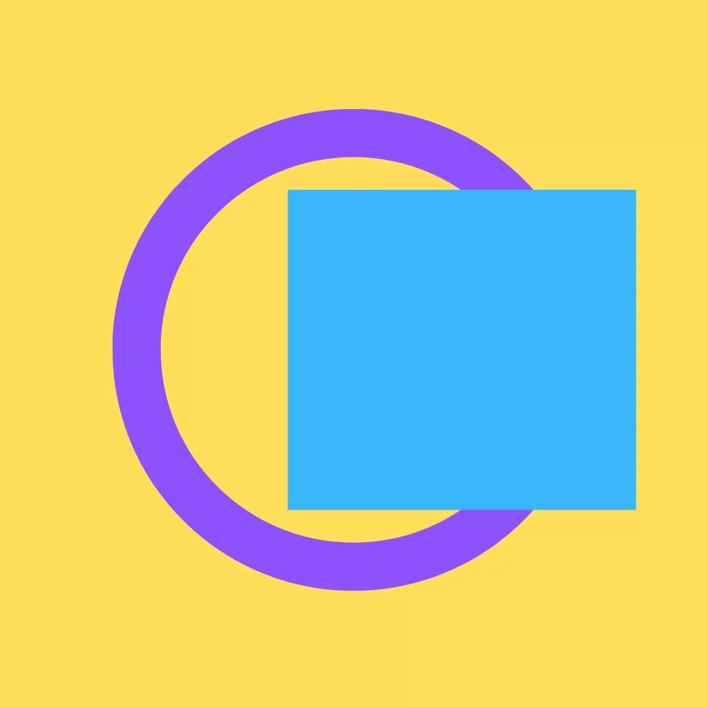 A purple seemingly circle hidden partially a blue square